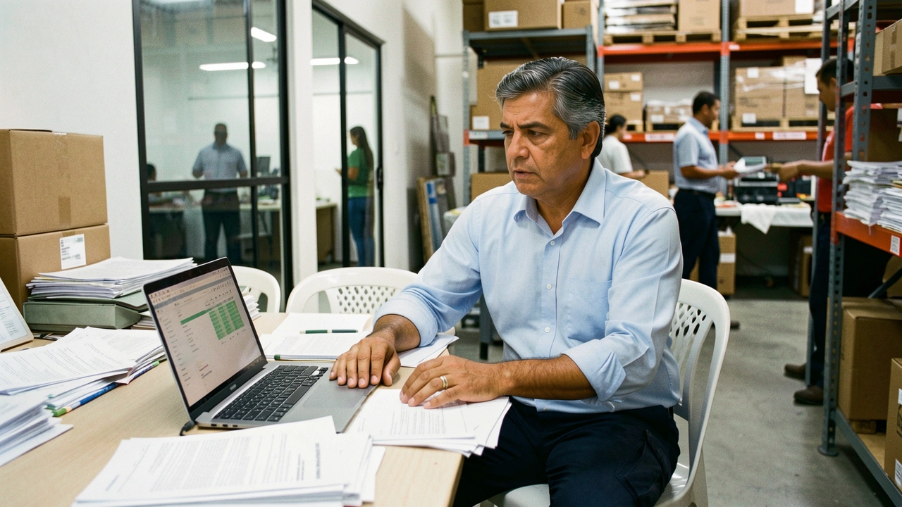 Dono de PME em escritório sobrecarregado, cercado por papéis e dados financeiros.