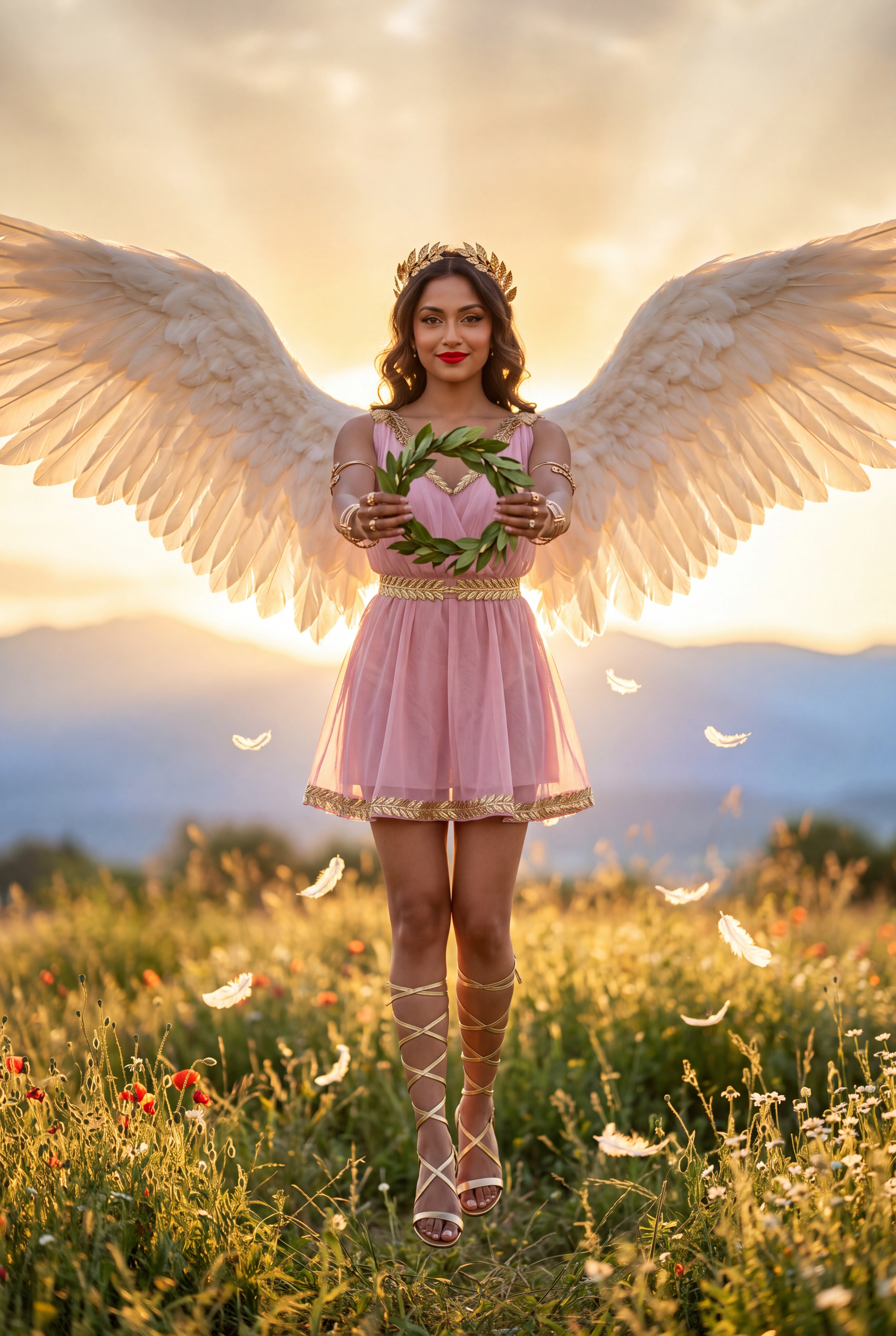 High level description
    • •A 2:3 portrait fashion photograph of a young Indian woman embodying Nike, the Greek goddess of victory, floating above a sunlit meadow at golden hour with large ivory win