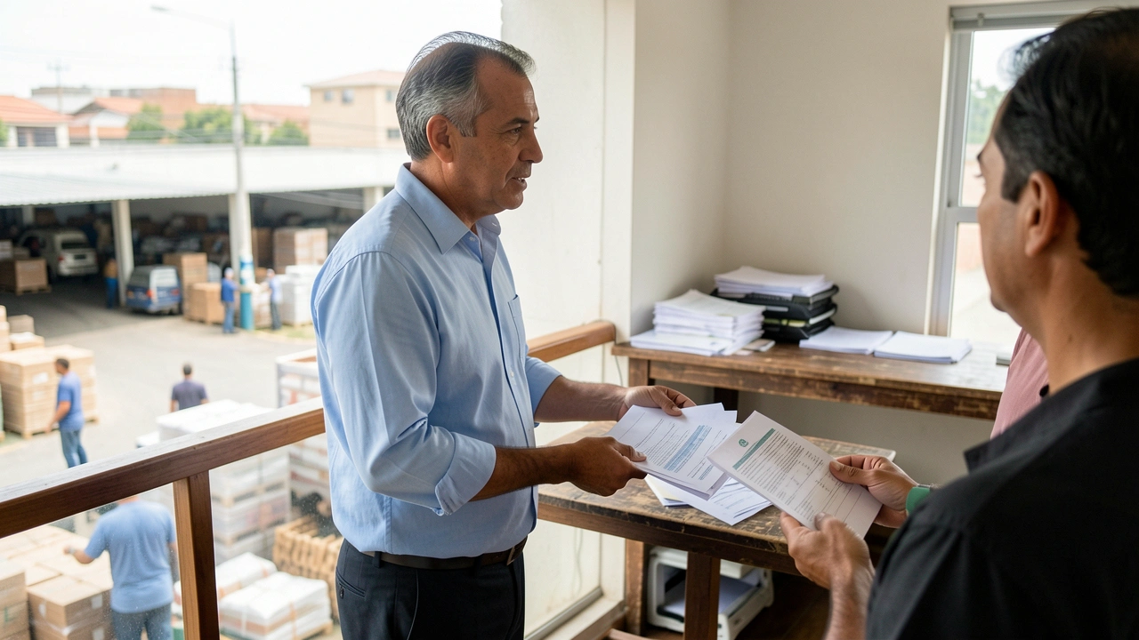 Empresário conversa com colega sobre assuntos da empresa