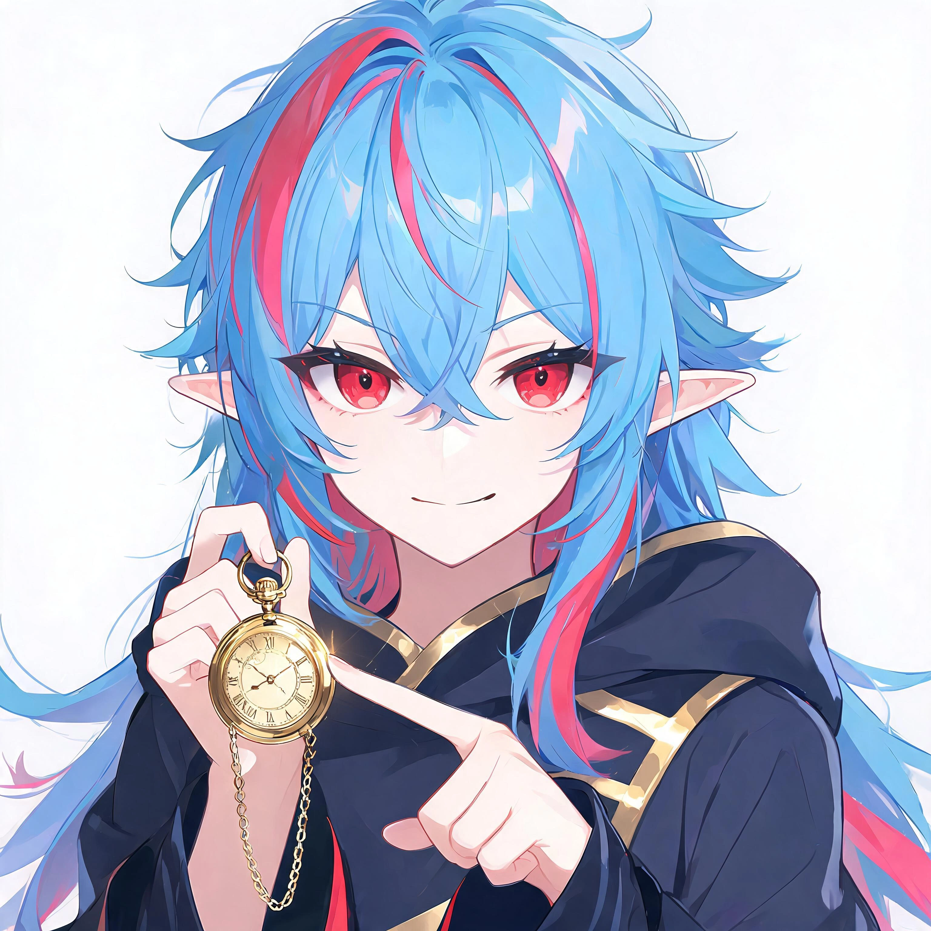 A VTuber-style anime avatar of a character with bright blue hair with pinkish-red highlights, large expressive red eyes, pointed ears, and a confident smirk. She wears a dark hooded garment with gold 