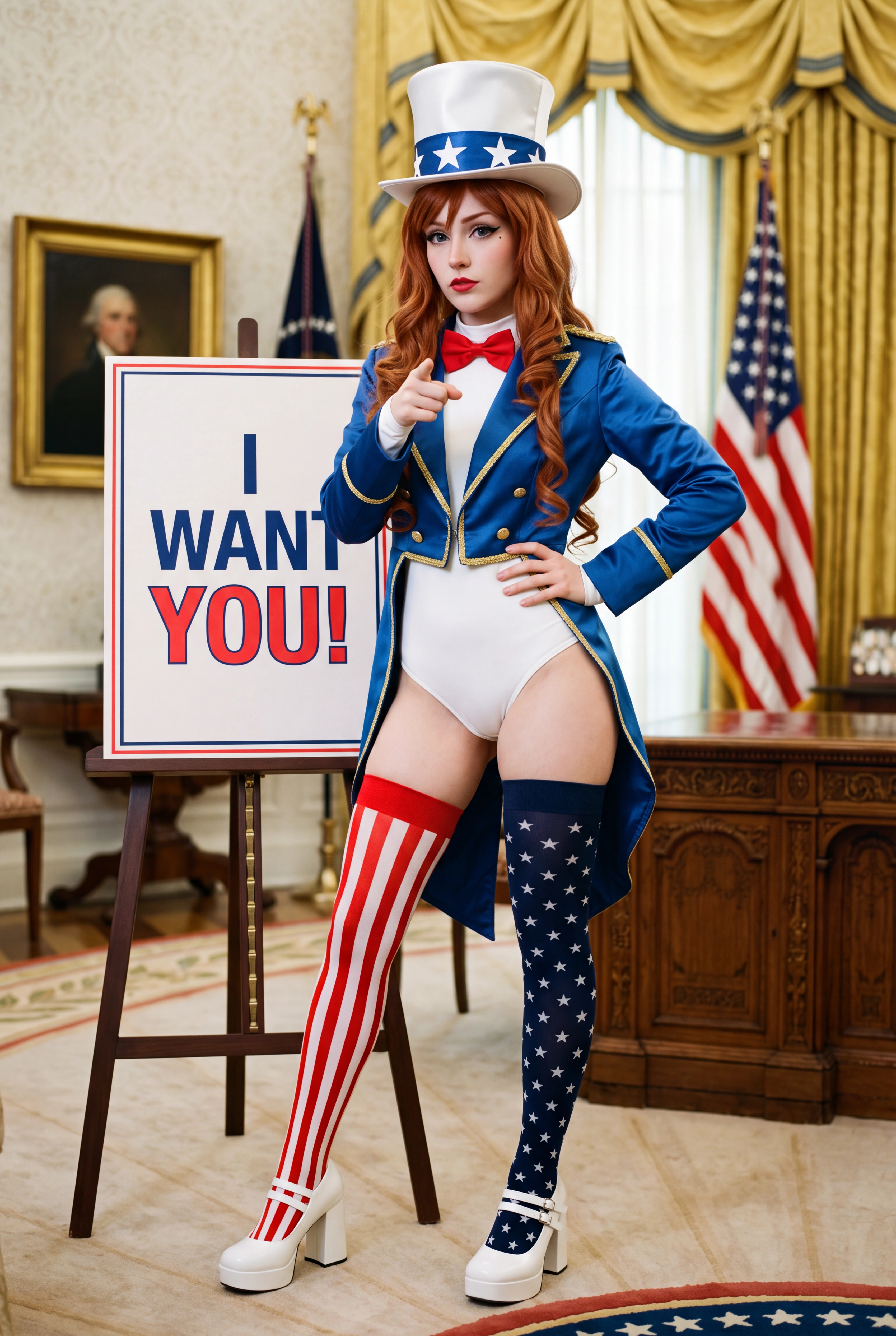 A high-fashion full length photograph of a stunning young redhead model with anime inspired features and long coppery red hair styled in a gentle waves. She is posing while wearing a sexy Uncle Sam co