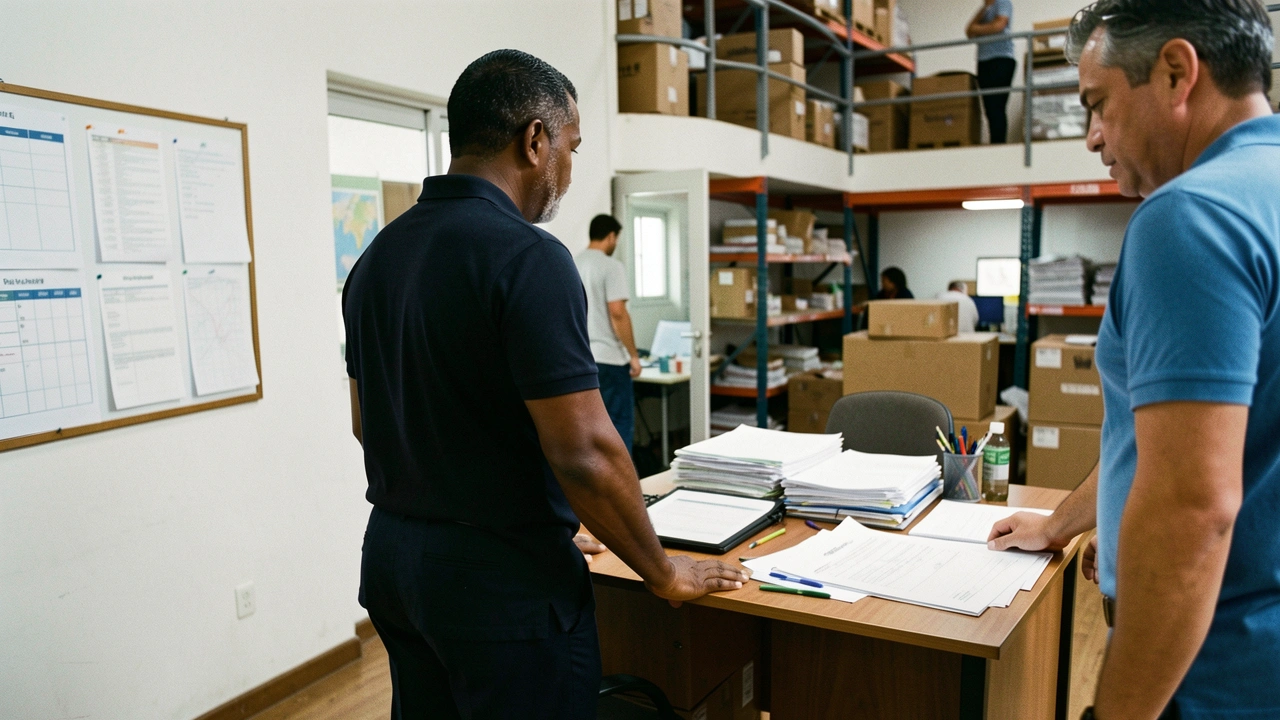 Gestor de operações em meio a papéis e rotina de trabalho em escritório.
