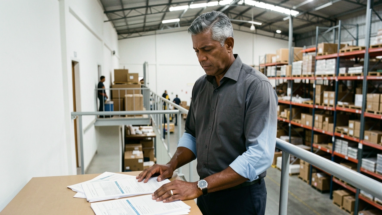 Gerente de operações observa documentos em escritório com vista para área de expedição.