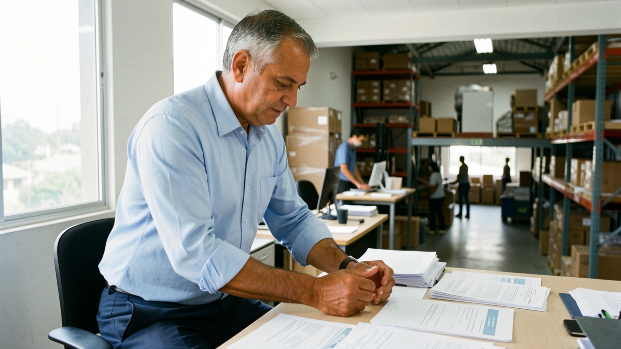 Empresário observa papéis e relatórios em sua mesa de trabalho.