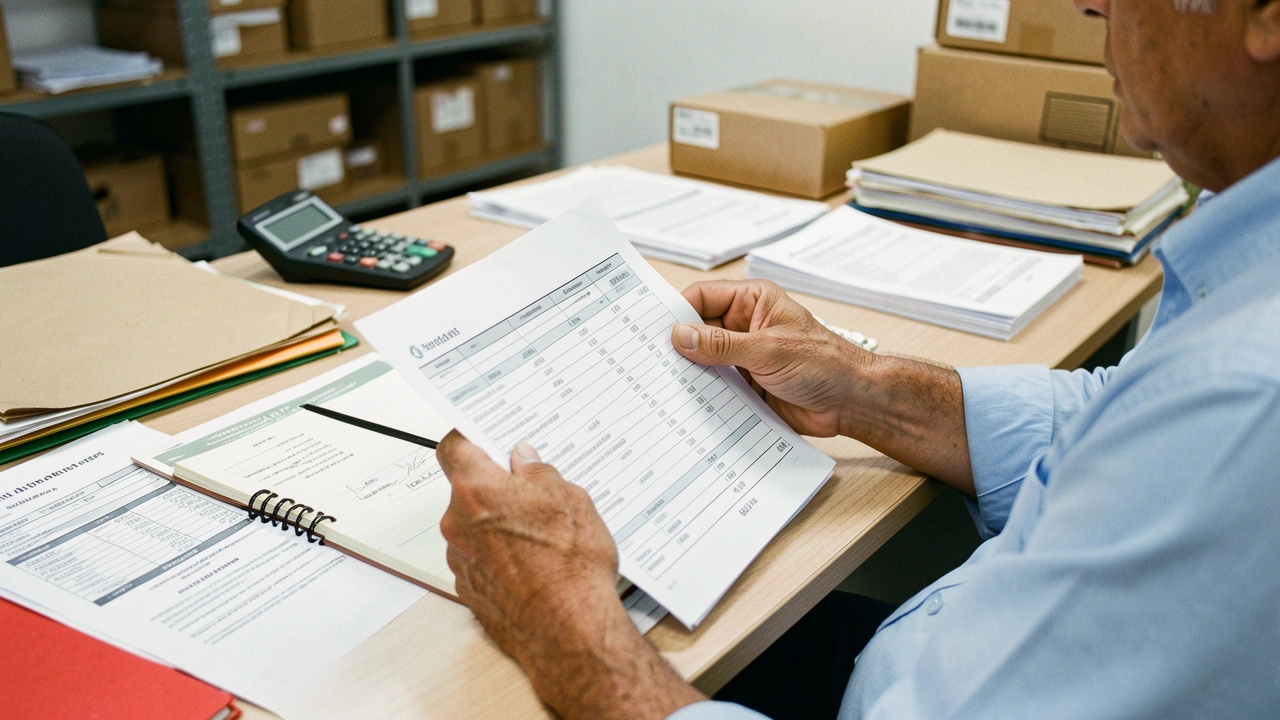 Mãos de empresário seguram relatório de vendas em mesa de escritório com calculadora.