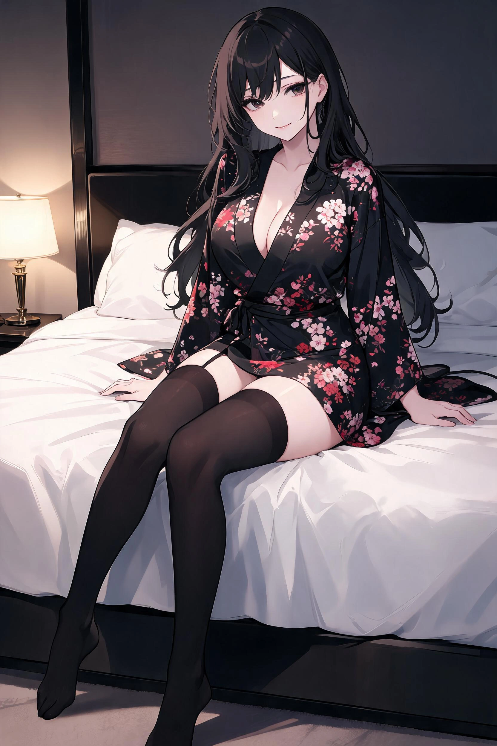 A full length modern anime style, bold clean outlines, cel shading, detailed image of a young, beautiful, busty Japanese woman with porcelain skin, delicate features, and her long lustrous dark hair s