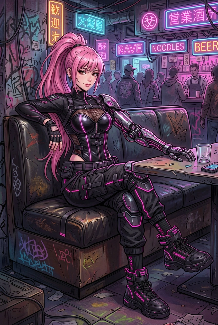 A full body striking anime style detailed illustration of a beautiful young pink haired woman with porcelain skin, delicate features, light brown eyes, and her long hair styled in a ponytail with bang