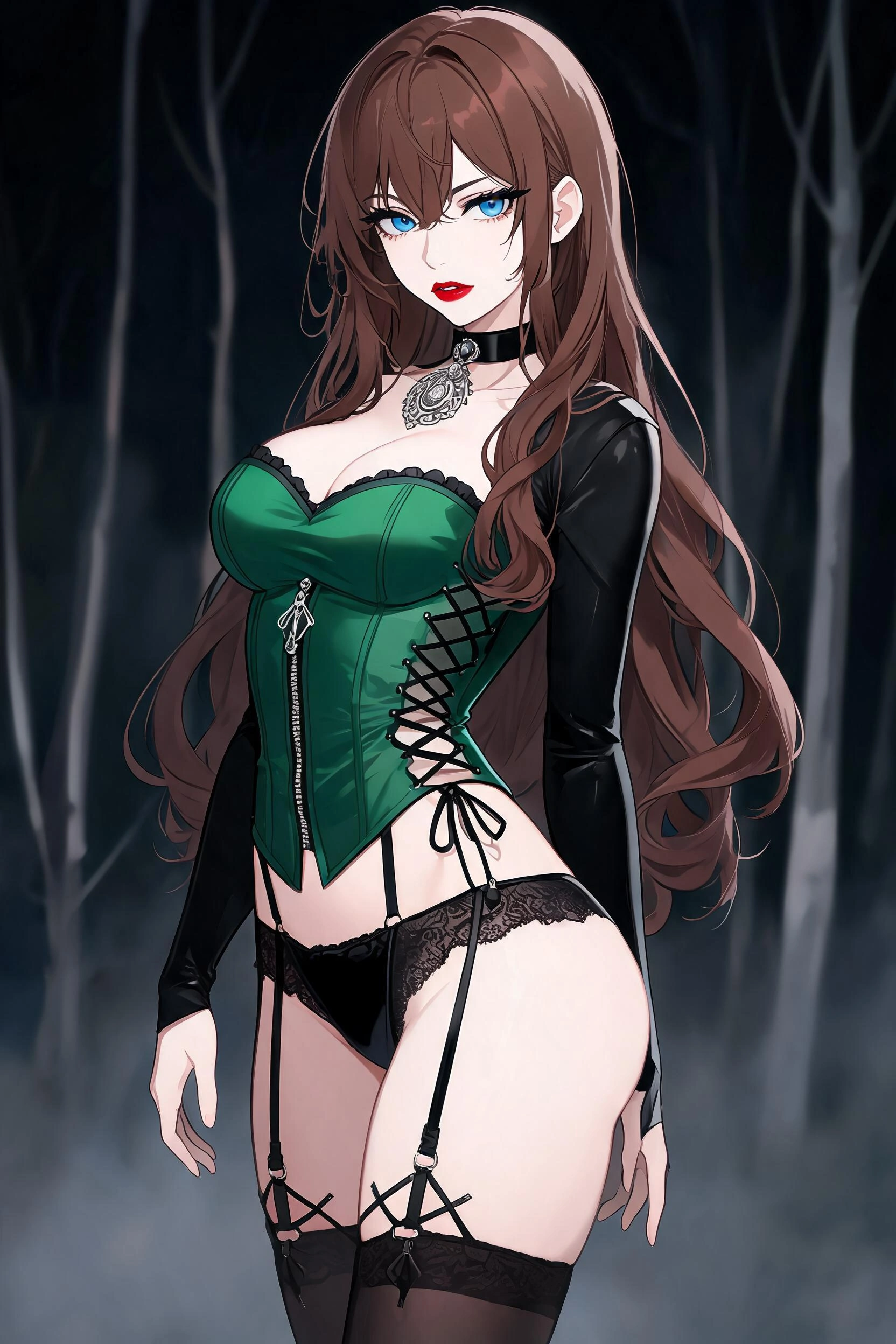 High level description •A full length modern anime style, bold clean outlines, cel shading, detailed image of a beautiful young brunette woman with porcelain skin, blue eyes, and long chestnut waves, 