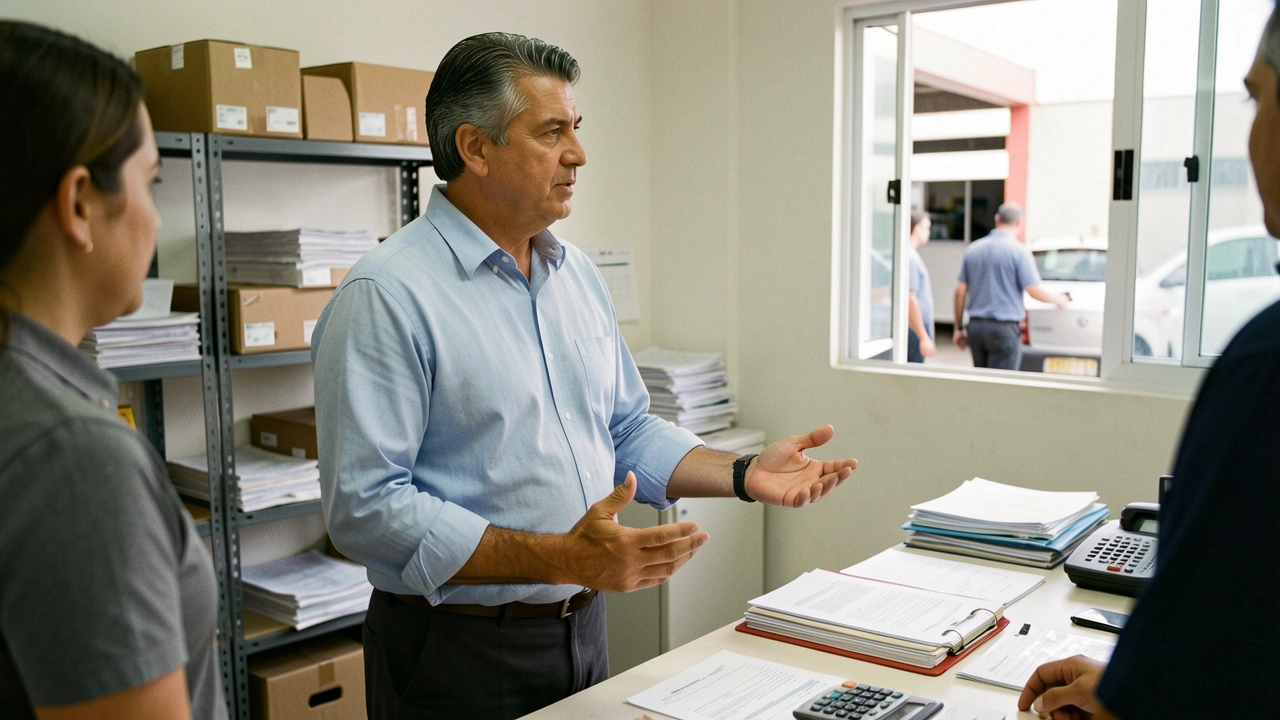 Empresário discute um plano com colega em escritório, gesticulando levemente.