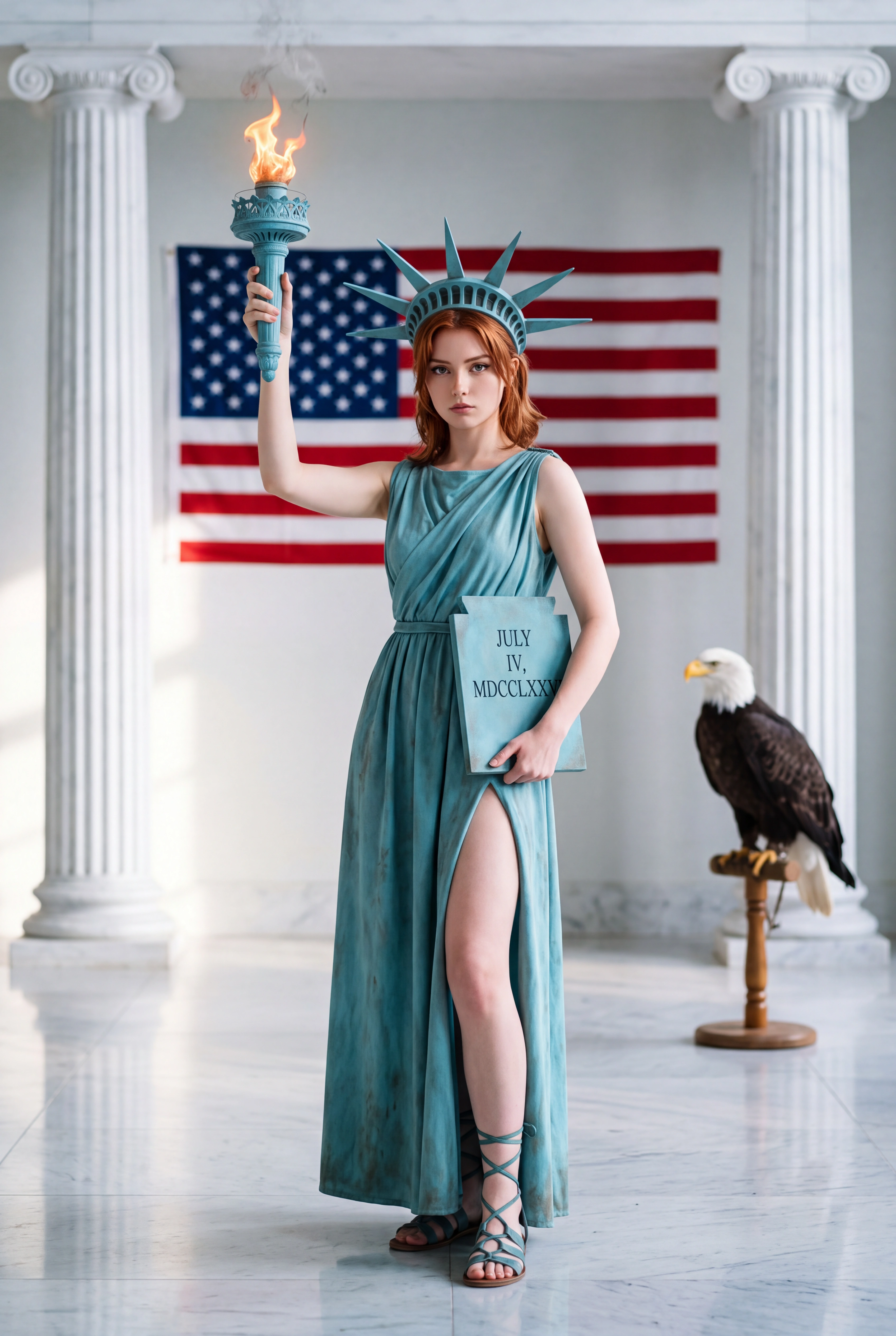 High level description

    •A high-fashion editorial photograph of a young redhead model in a Statue of Liberty costume rendered entirely in oxidized blue-green patina, holding a flaming torch aloft 