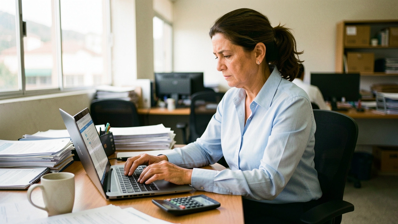 Gerente financeira analisa planilhas em um laptop em seu escritório.