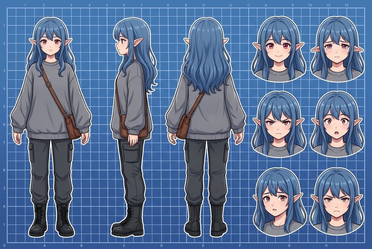 anime style, character sheet, model sheet, reference sheet, turnaround, expression sheet, 1girl, solo, blue hair, long hair, wavy hair, bangs, red eyes, pointy ears, slender, petite, long sleeves, ove