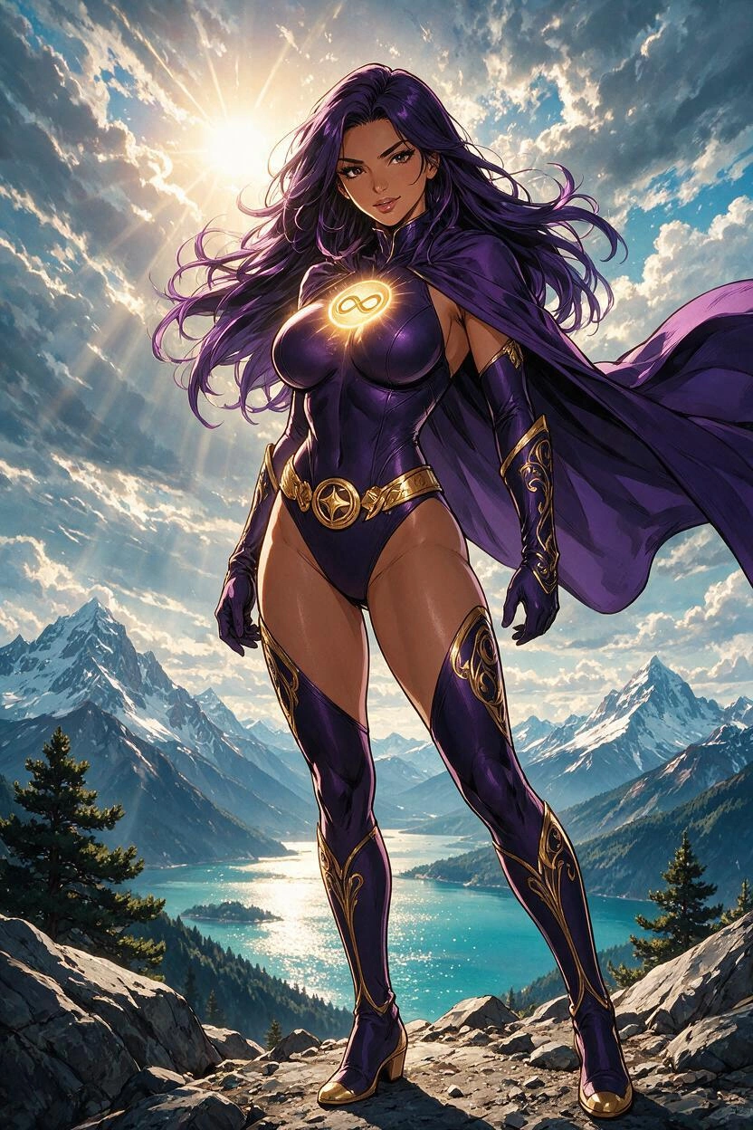 A full length modern anime style, bold clean outlines, cel shading, detailed image of a young beautiful and busty Latina woman with bronze skin, dark eyes, and delicate features embodying "Aethelgard 