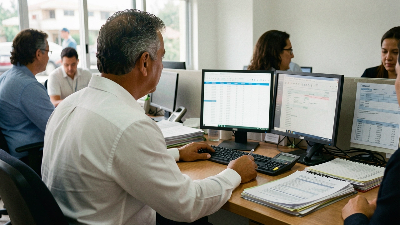 Empresário observa tela de computador com dados financeiros.