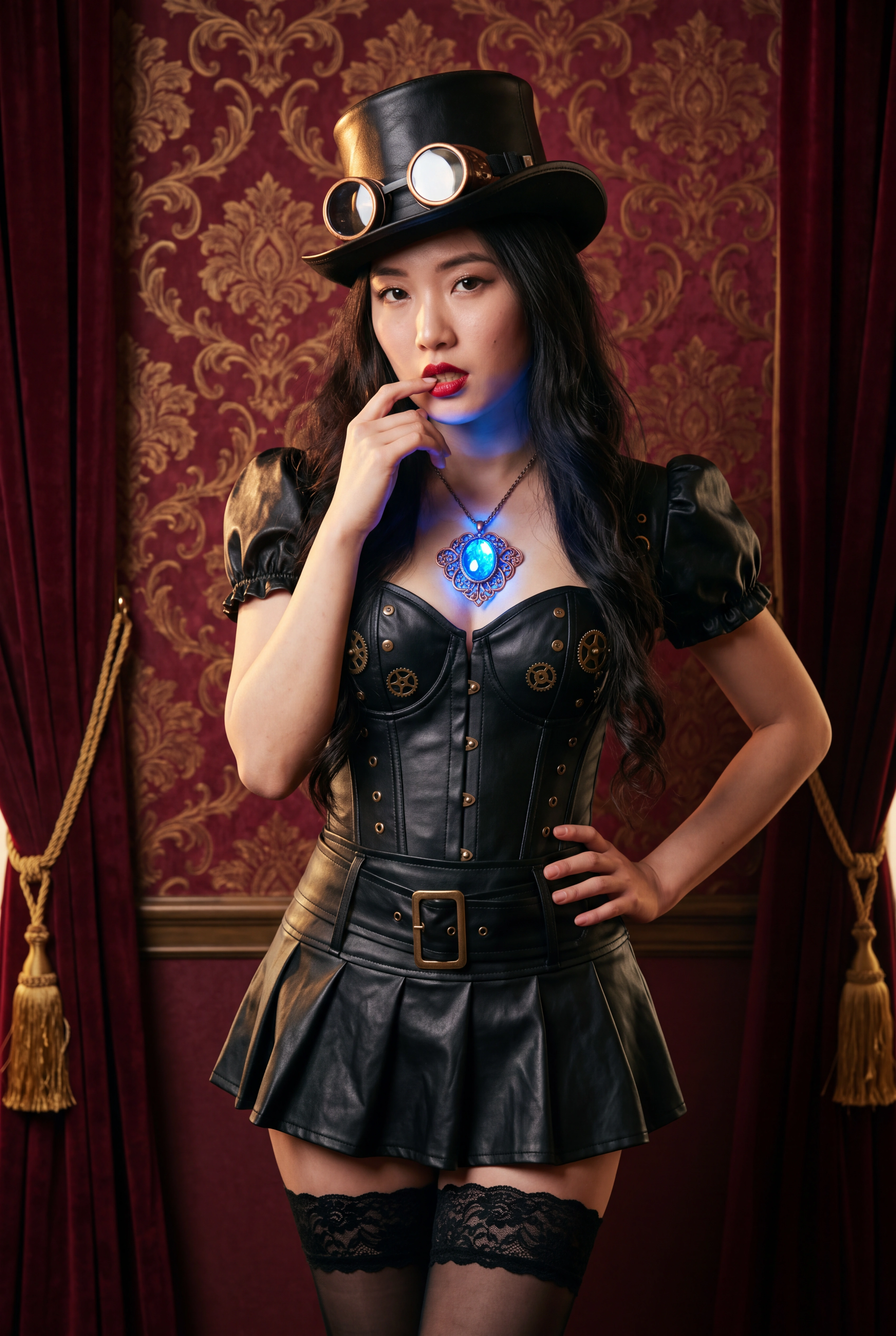 High level description

    •A fantasy steampunk fashion portrait of a young Asian model in a black leather corset, top hat with brass goggles, and a glowing blue gem necklace, posed inside a Victoria