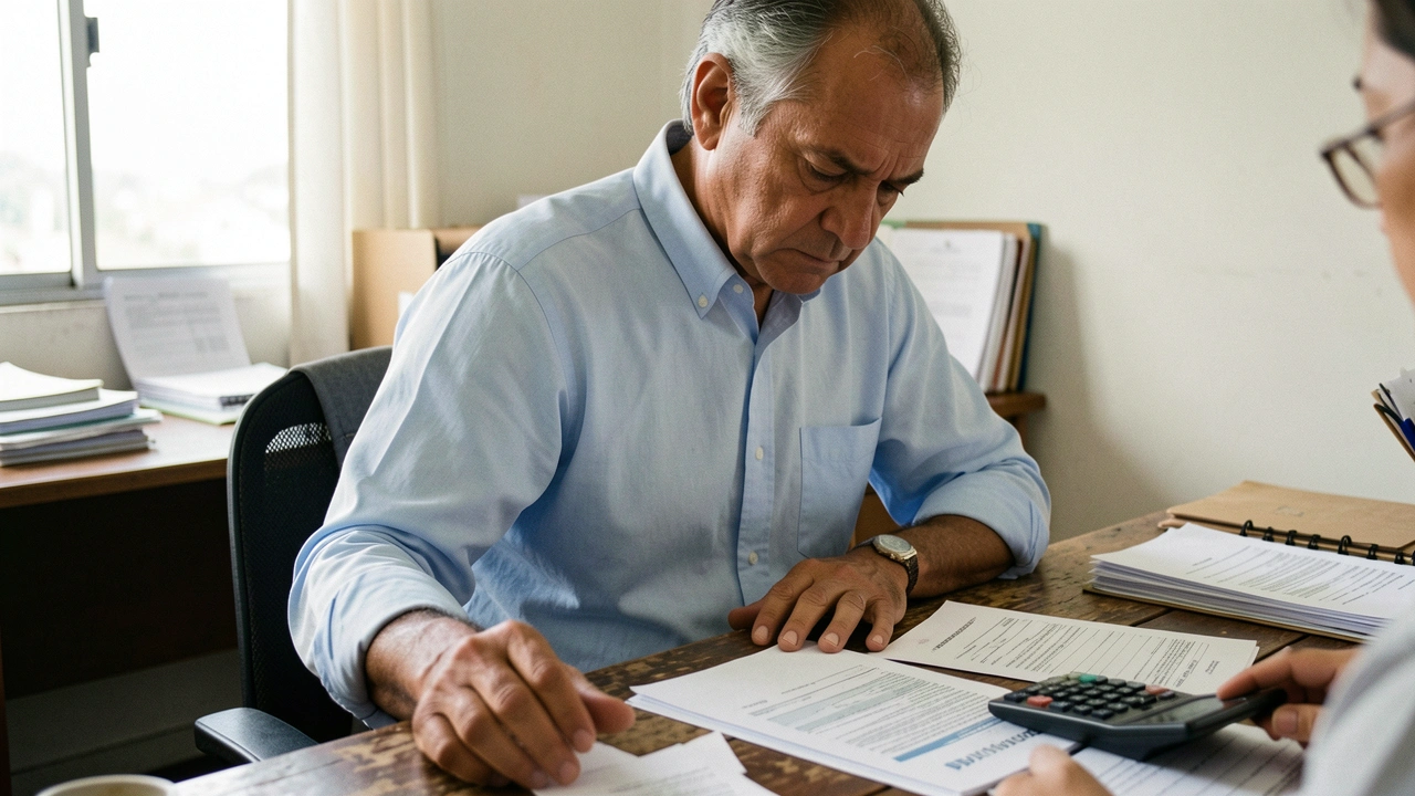 Empresário analisa papéis financeiros em escritório, com expressão de preocupação.