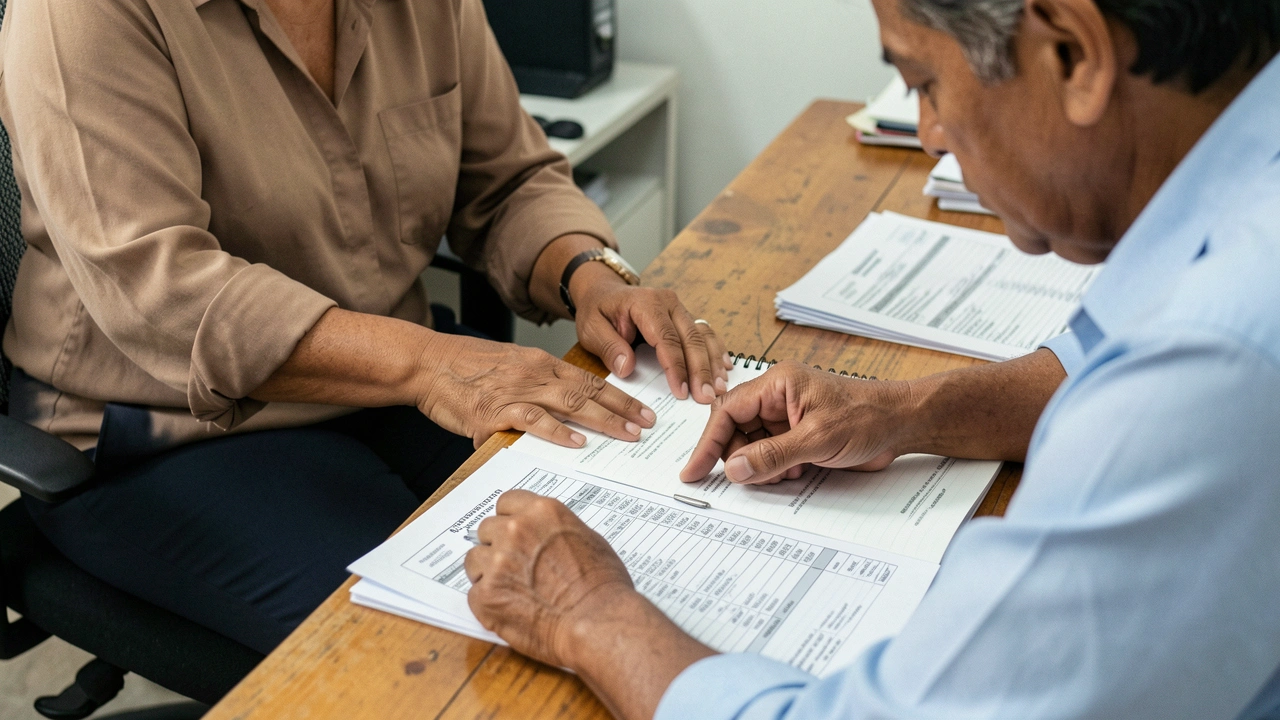Mãos de empresário apontam para detalhes em relatório financeiro.