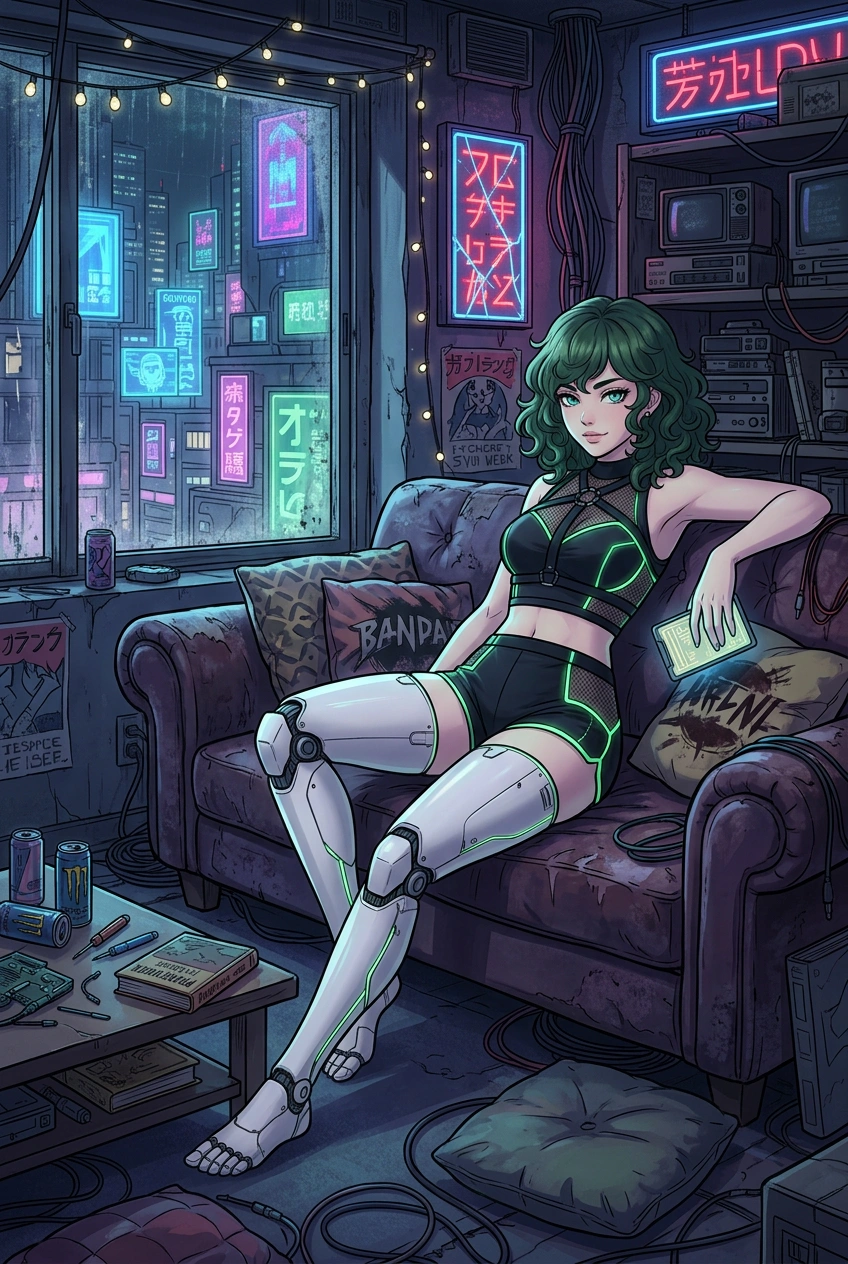 A full body striking anime style detailed illustration of a beautiful young green haired woman with porcelain skin, delicate features, green eyes, and her long hair styled in a curls with bangs framin