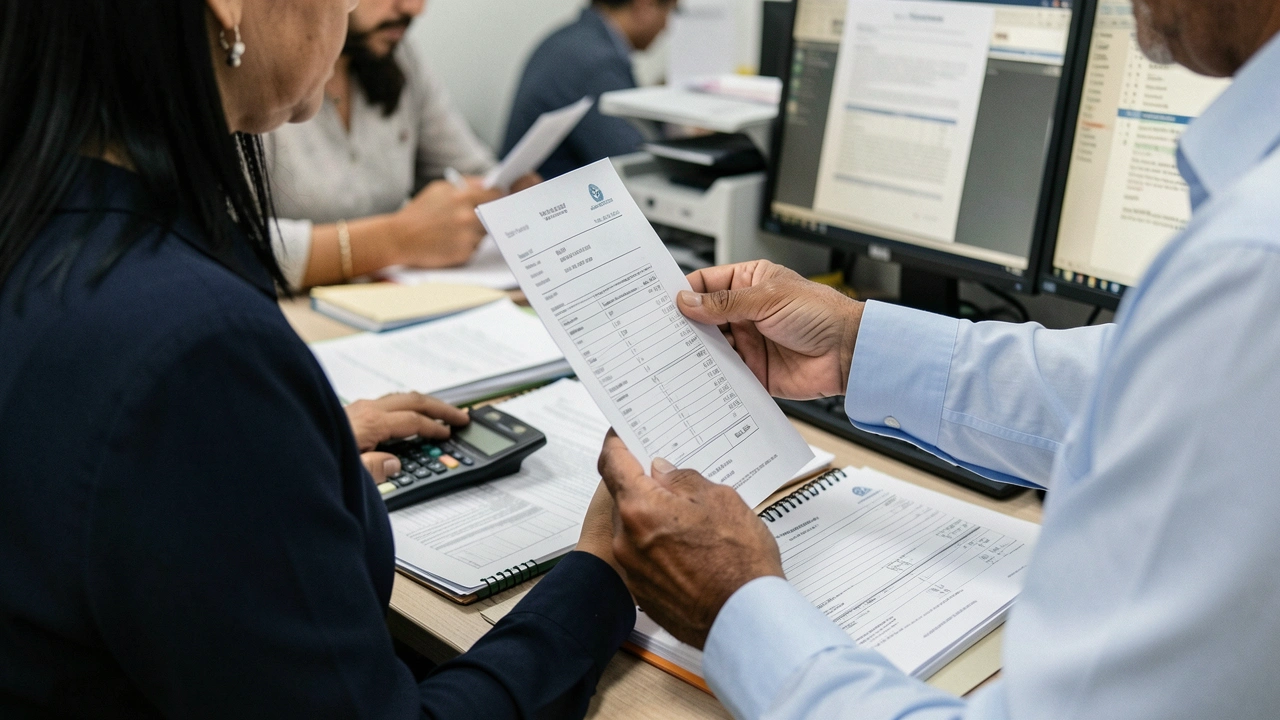 Mãos de empresário analisam extrato financeiro.