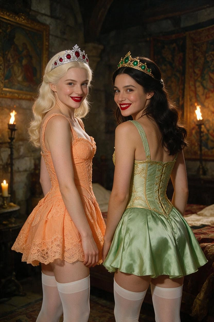 Two young women stand within a medieval bedchamber, looking over their shoulders with playful expressions and wearing bold red lipstick. The woman on the left has platinum blonde hair styled in gentle