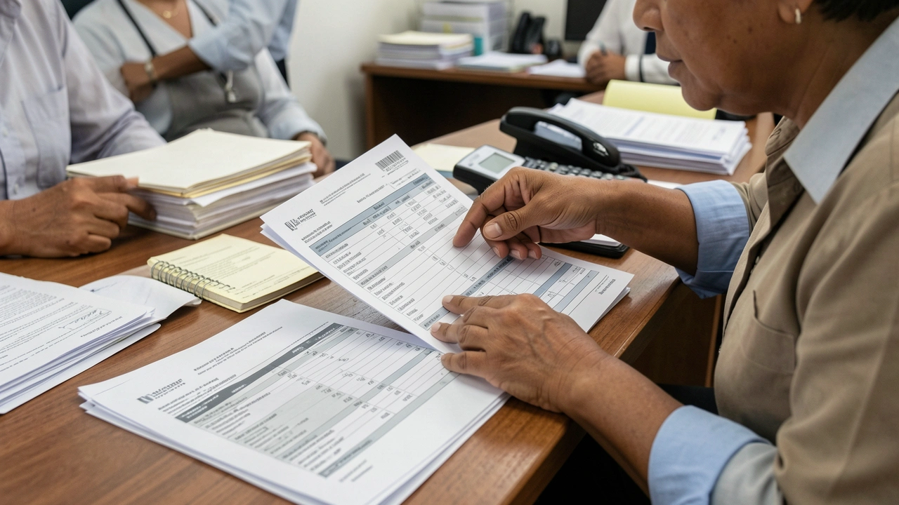 Mãos de empresário apontam para detalhes em planilha financeira.