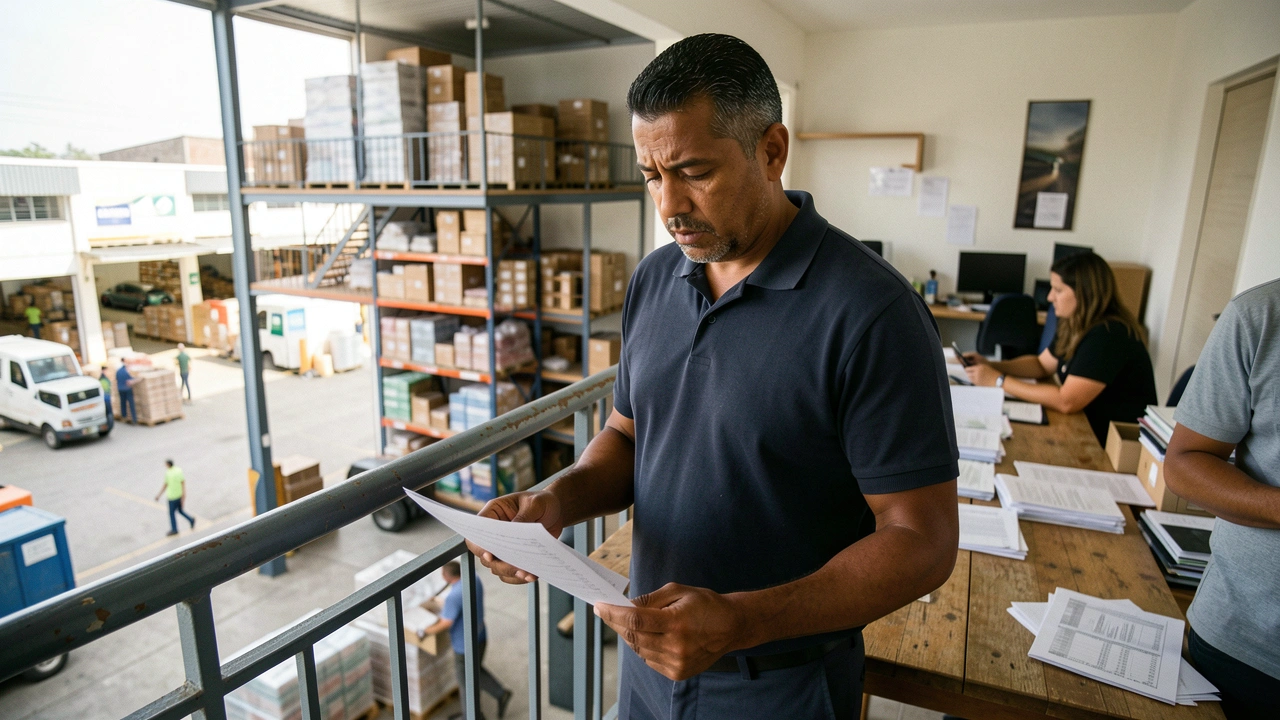 Empresário analisa relatório financeiro em escritório de PME em expansão.