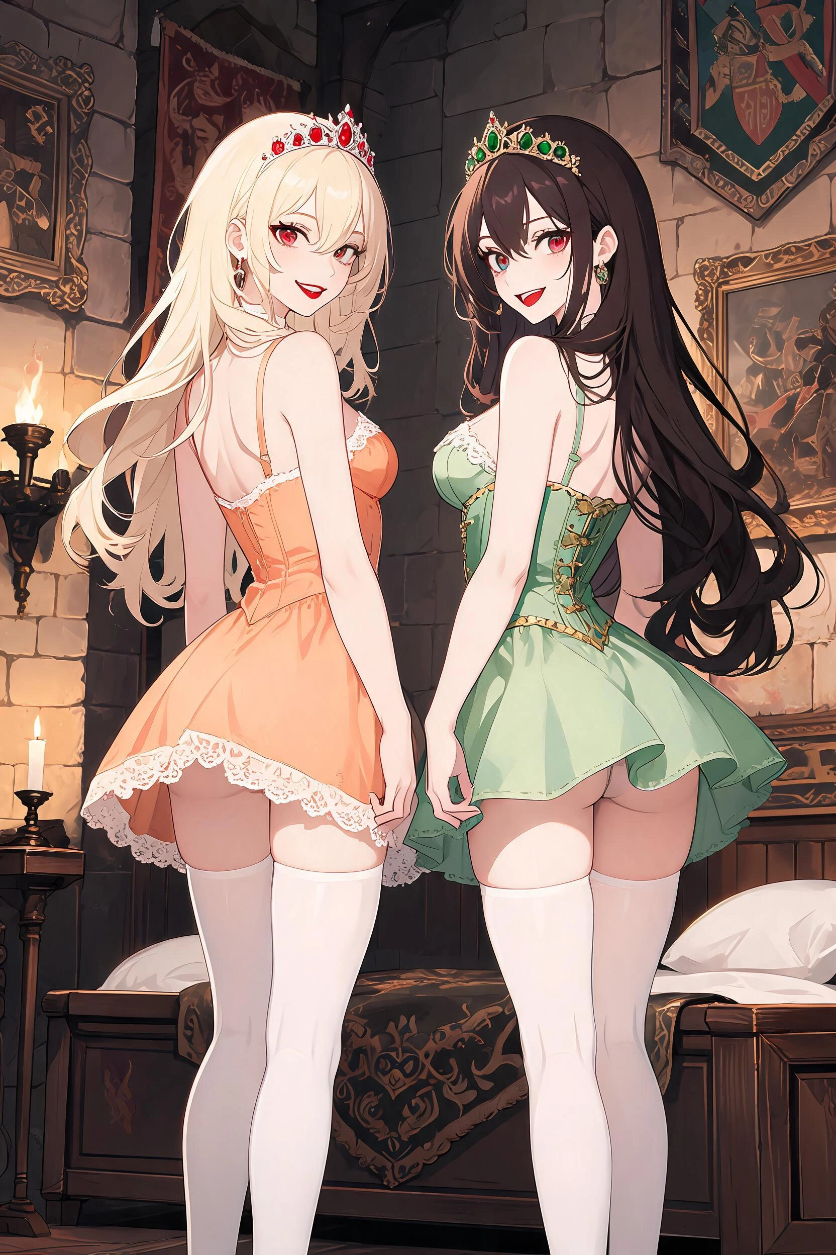 A full length modern anime style, bold clean outlines, cel shading, detailed image of two young women stand within a medieval bedchamber, looking over their shoulders with playful expressions and wear