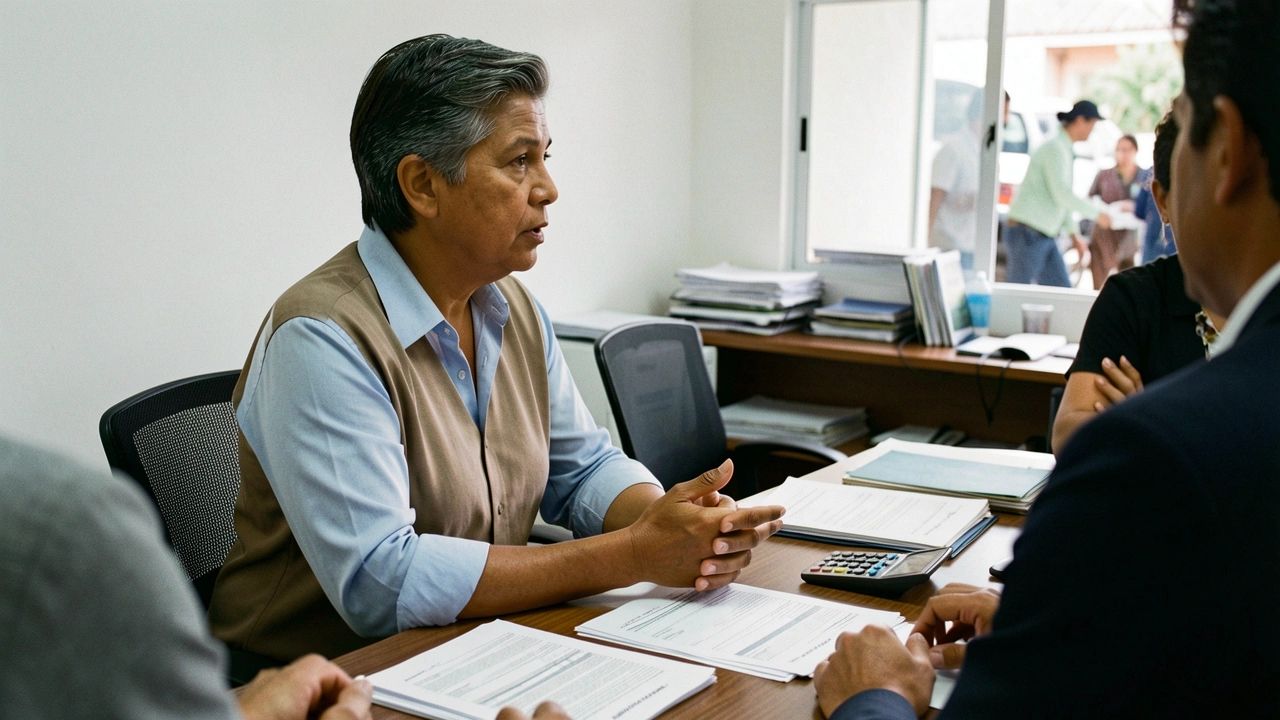 Gestor em conversa séria em sala de reunião de PME.