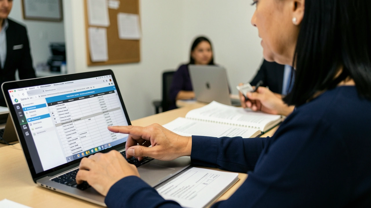 Mãos de empresário apontam para detalhe em relatório impresso ou tela de computador.