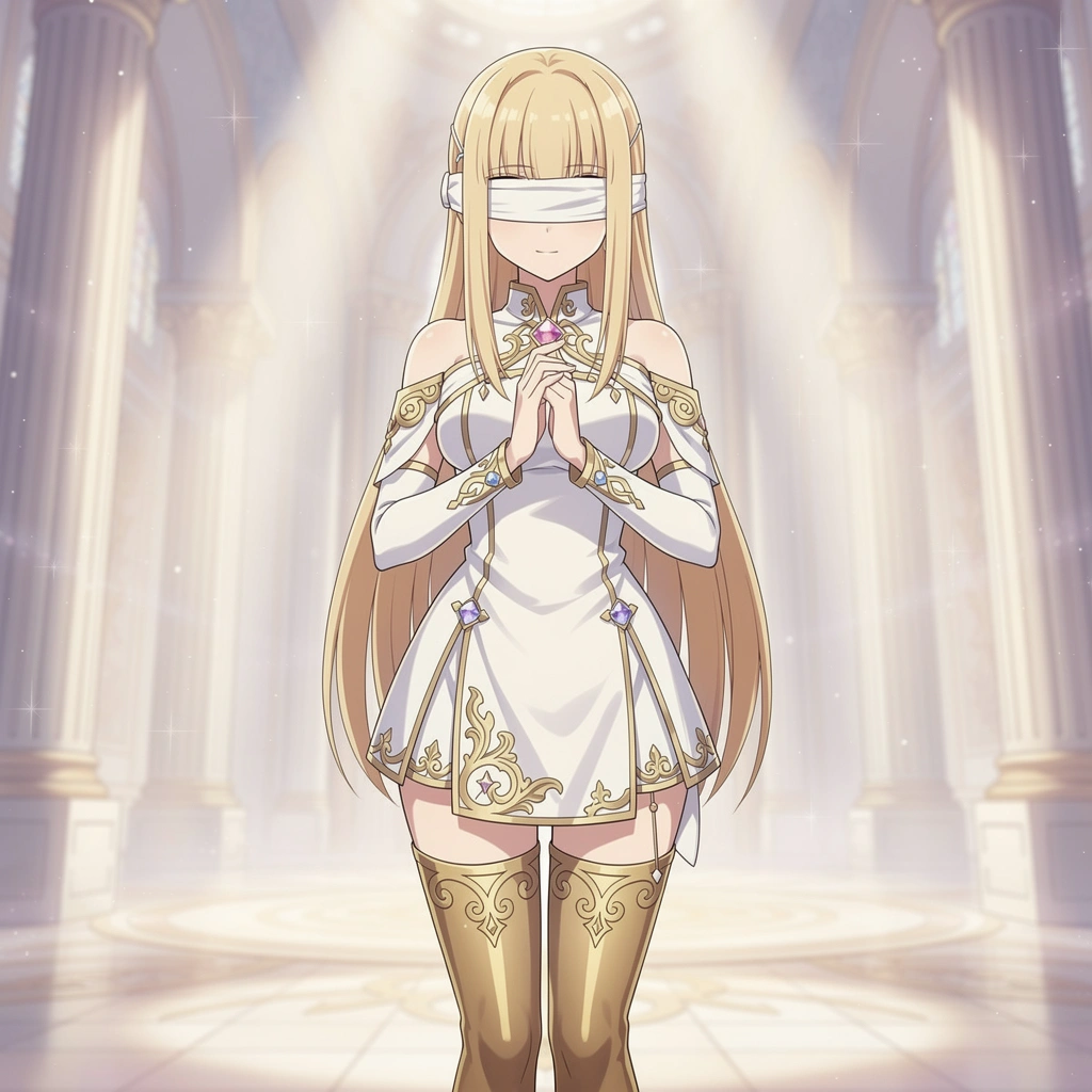 An image of a stylish fantasy character, 2D anime, very fashionable. A young woman cleric with beautiful blond hair and two long bangs over the white pure cloth she wears over her eyes. She wears a sh