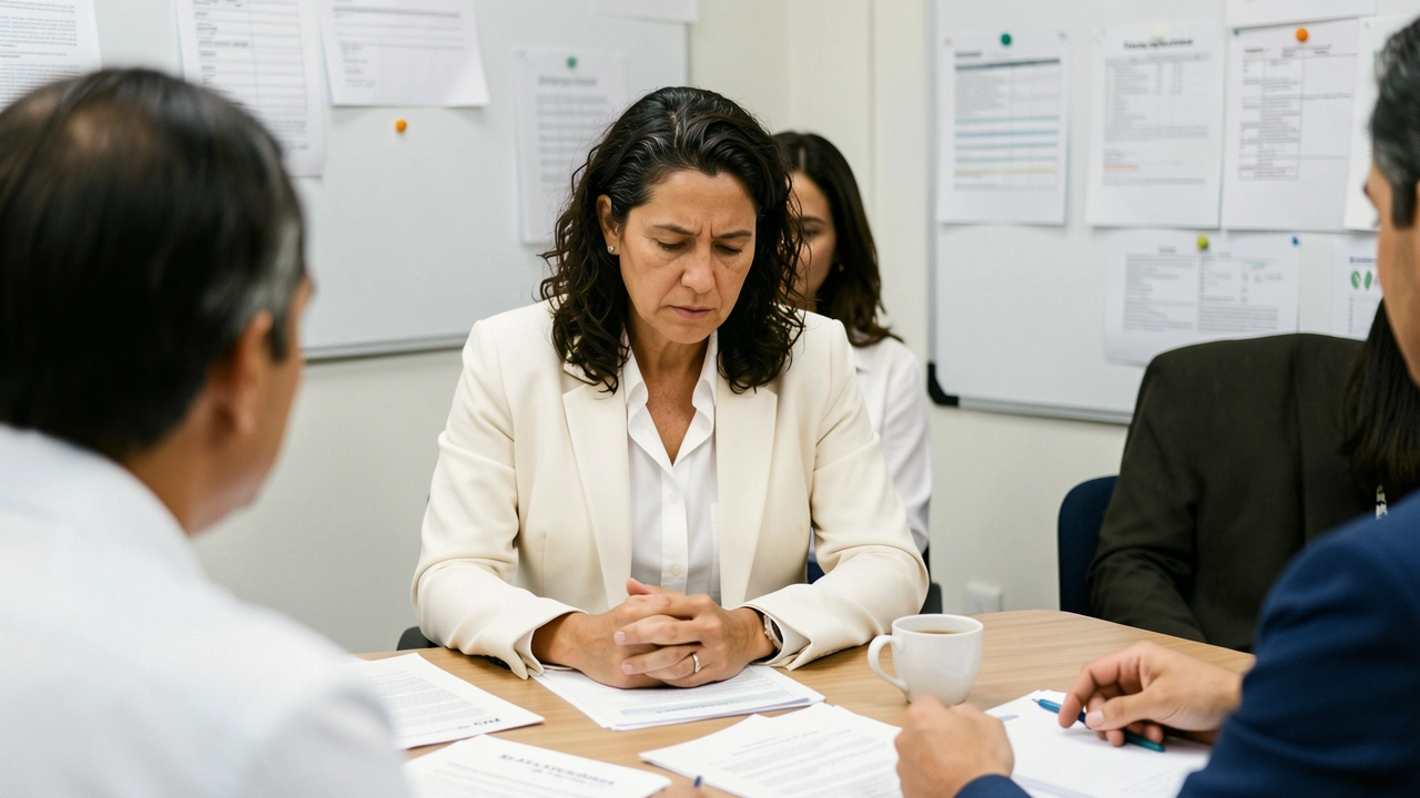 Gerente de Operações em reunião, olhando para mesa com papéis e sinais de pendências.
