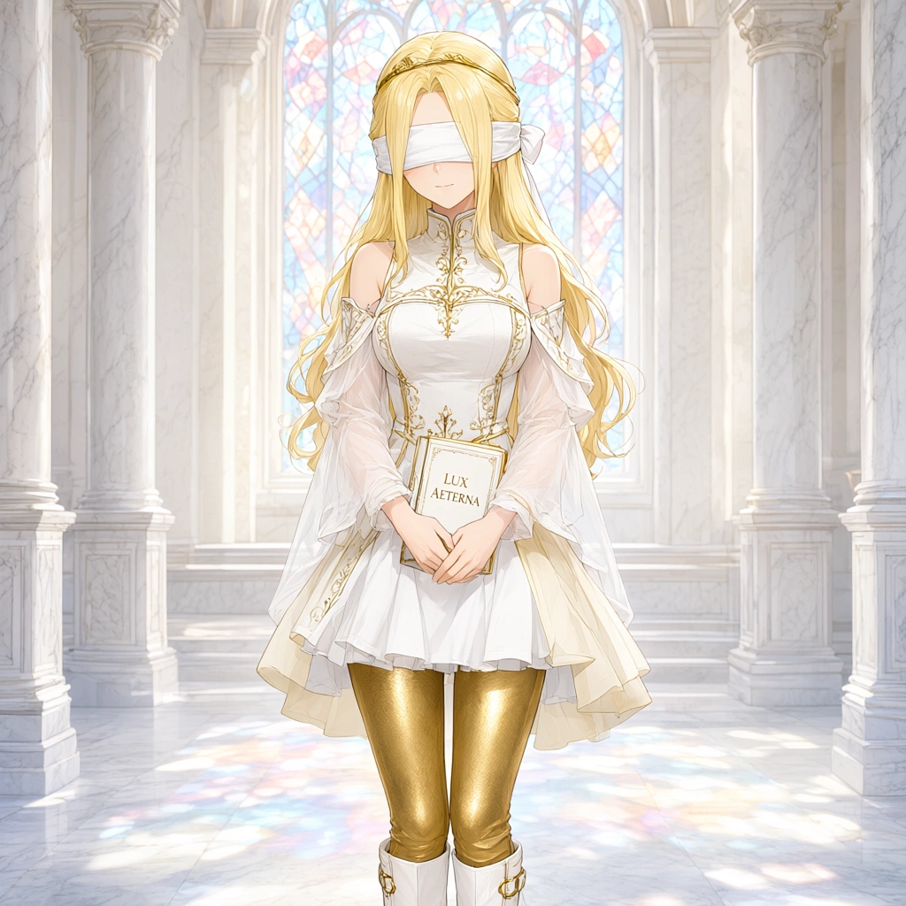 An image of a stylish fantasy character, 2D anime, very fashionable. A young woman cleric with beautiful blond hair and two long bangs over the white pure cloth she wears over her eyes. She wears a sh