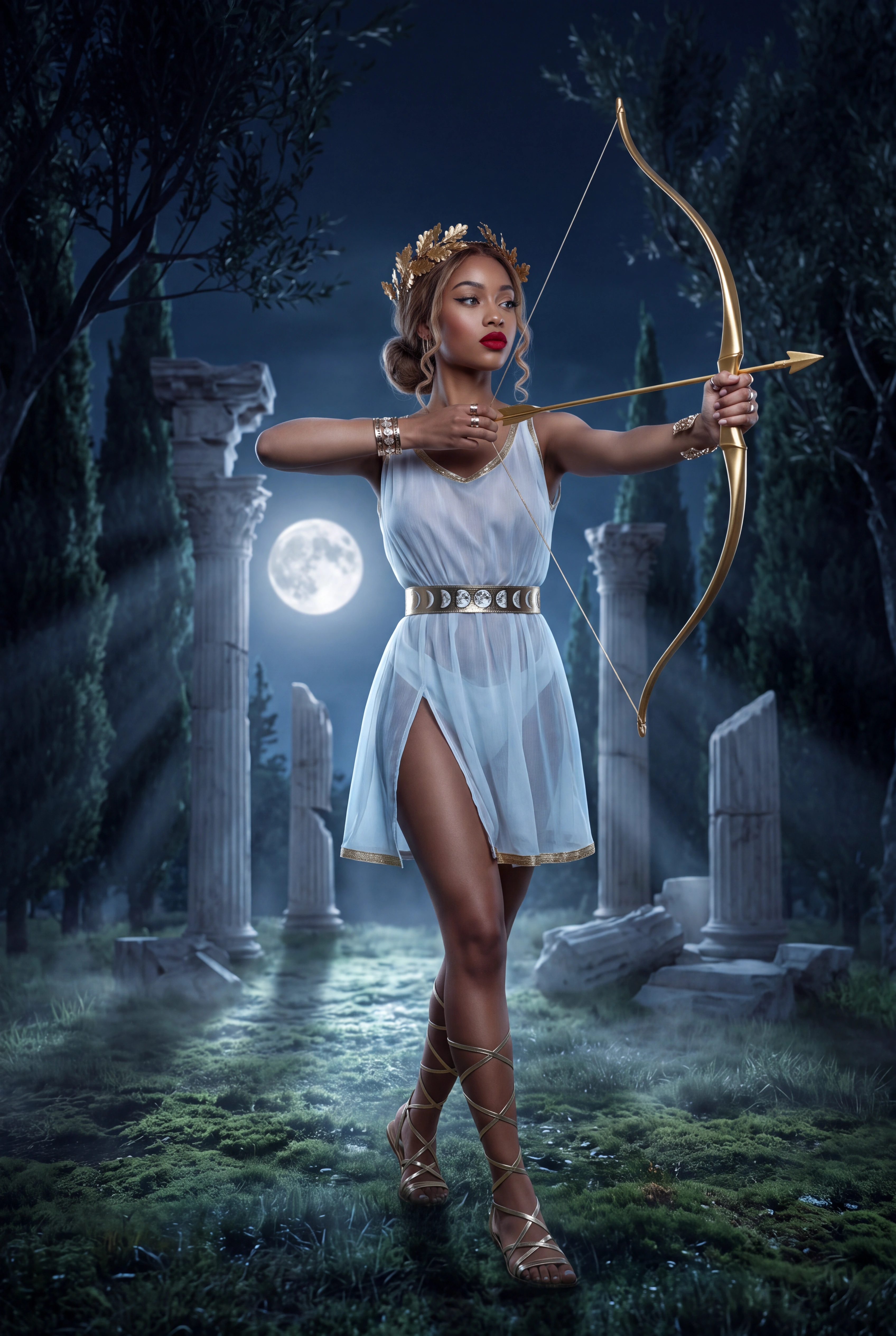 High level description

    •A full-length fashion photograph of a young Black woman embodying Artemis, goddess of the hunt, standing in a moonlit ancient Greek forest clearing at midnight, drawing a 