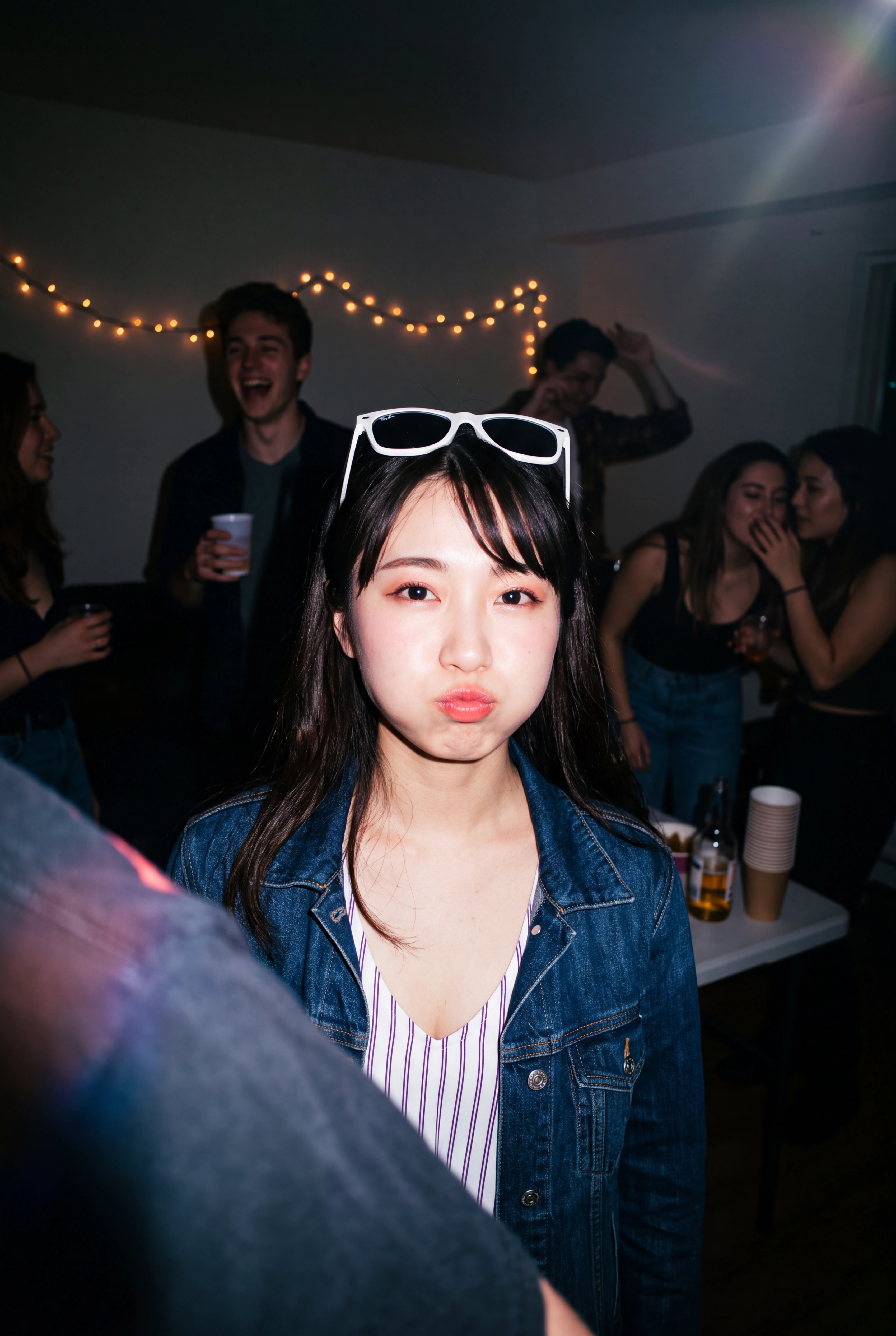 High level description

    •A casual iPhone snapshot of a young Japanese woman at a dimly lit house party, cheeks puffed and lips pursed in a playful expression, caught in the harsh burst of an on-ca