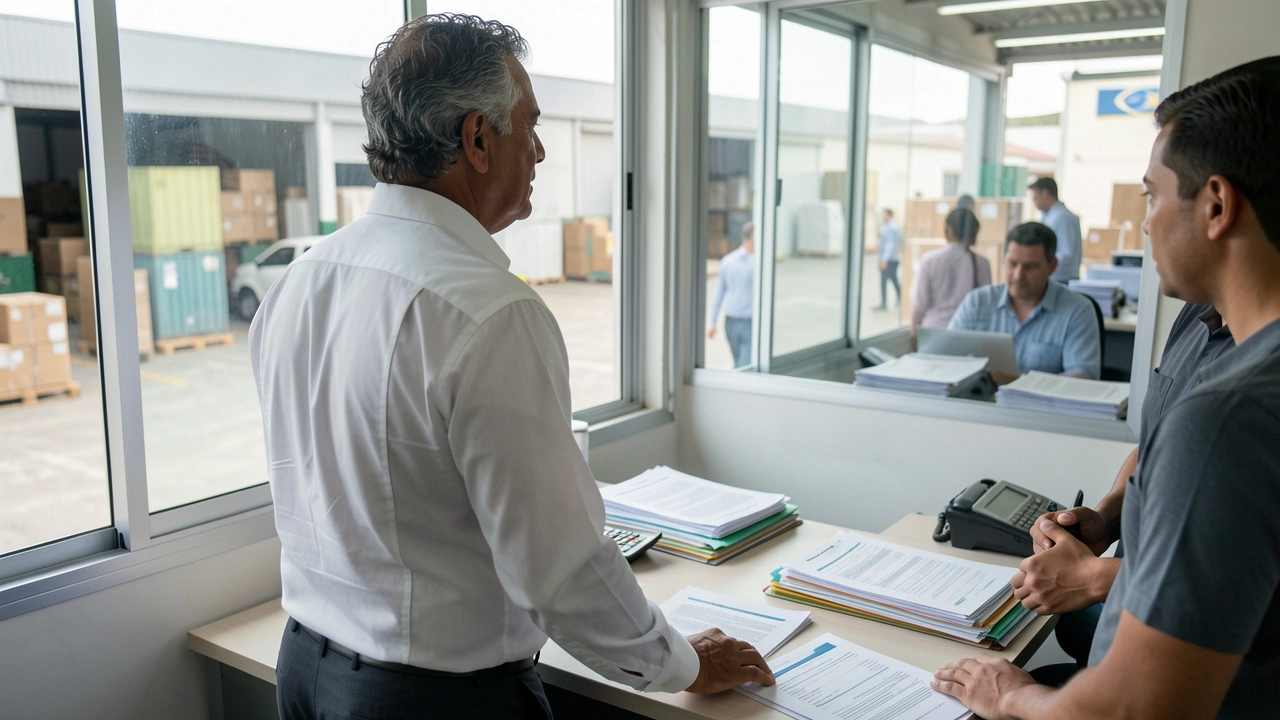 Empresário observa a operação da empresa de seu escritório.