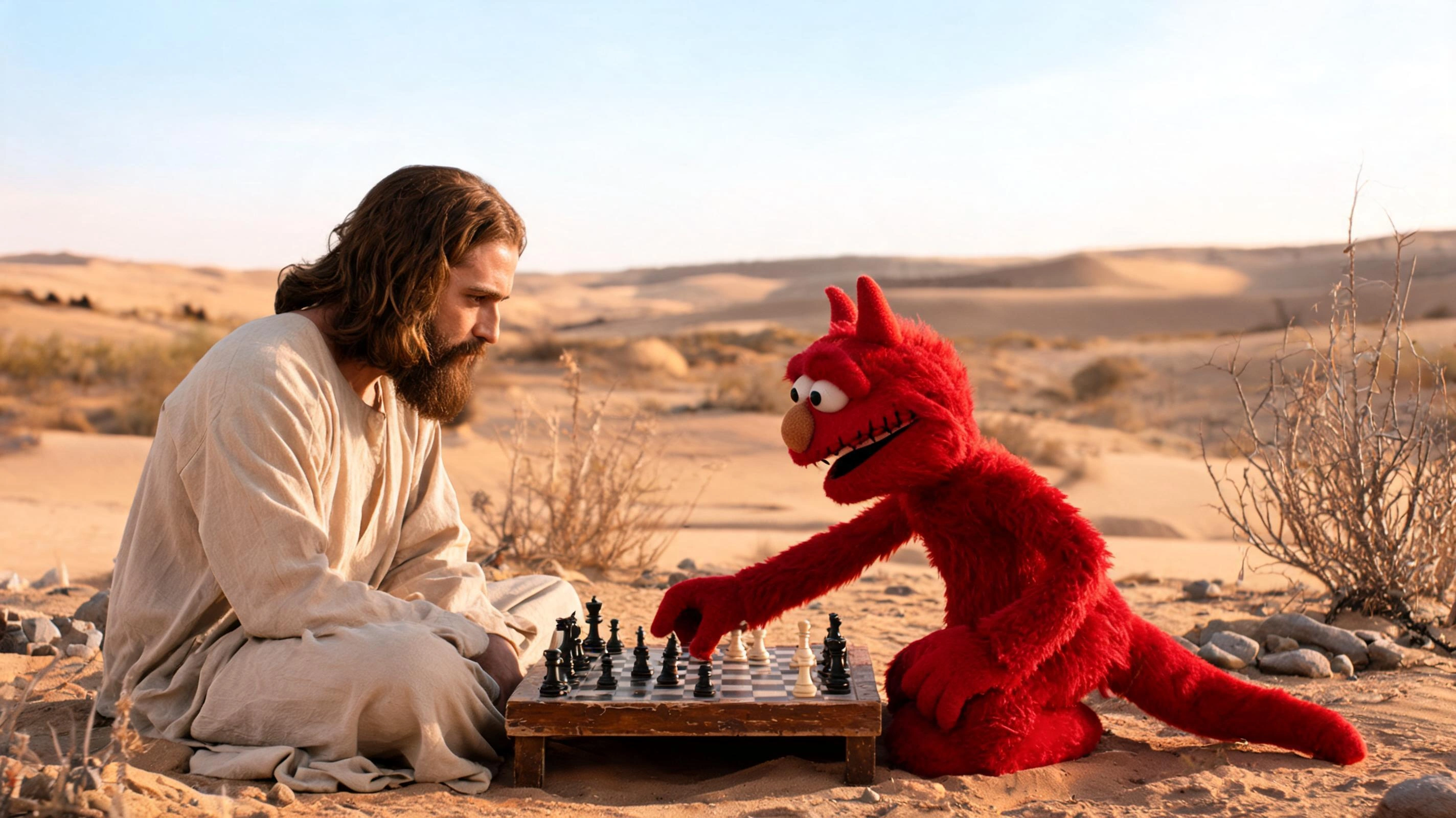 photorealistic, RAW photo, Jesus Christ seated cross-legged on sunbaked sand across from a red felt muppet devil at a weathered wooden chessboard in a vast barren desert, Jesus with shoulder-length br