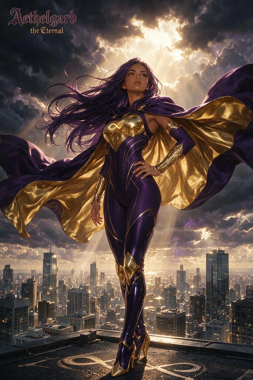 A full body striking anime style detailed illustration of a beautiful young Latina woman with bronze skin, delicate features, and dark eyes as "Aethelgard the Eternal," standing confidently atop a cit