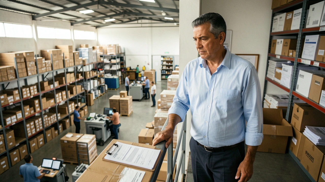 Gestor observa a operação de um centro de distribuição de um mezanino.